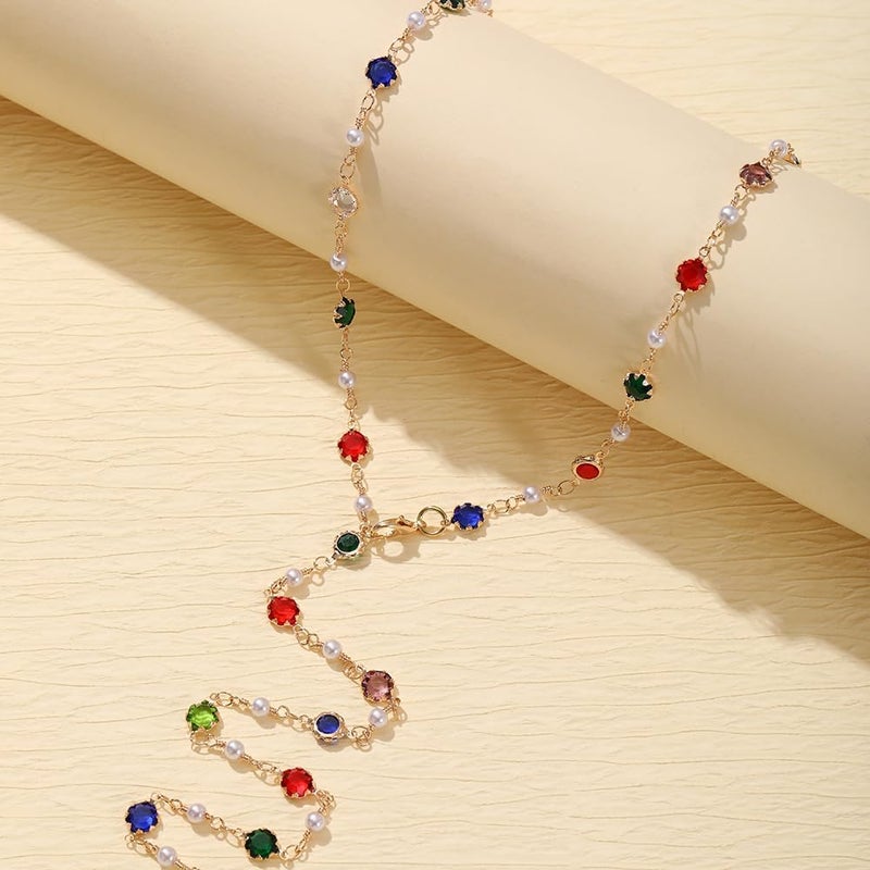 KURTCB Rhinestone Necklace for Women Boho Long Y Lariat Necklace Colorful Summer Beach Jewelry - Image 1